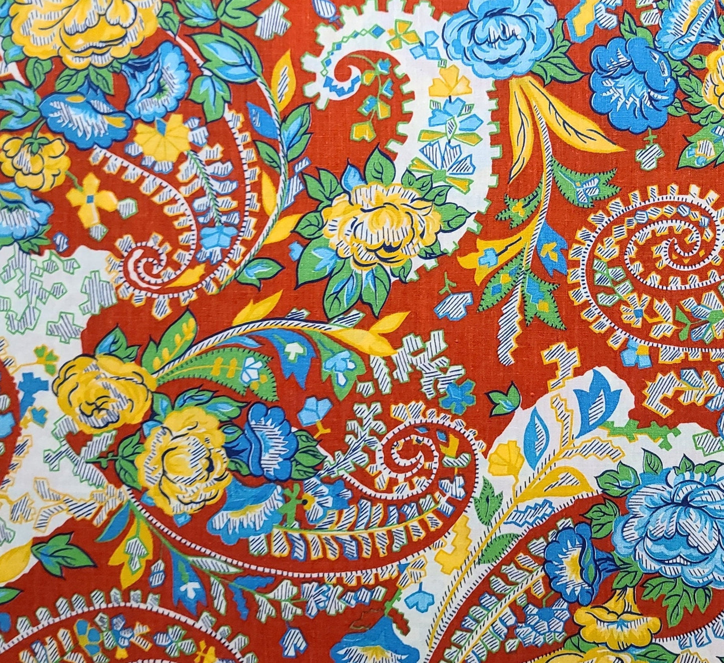 Manes Fabric Co - Red, Turquoise, Green, White Paisley Flower Print Fabric