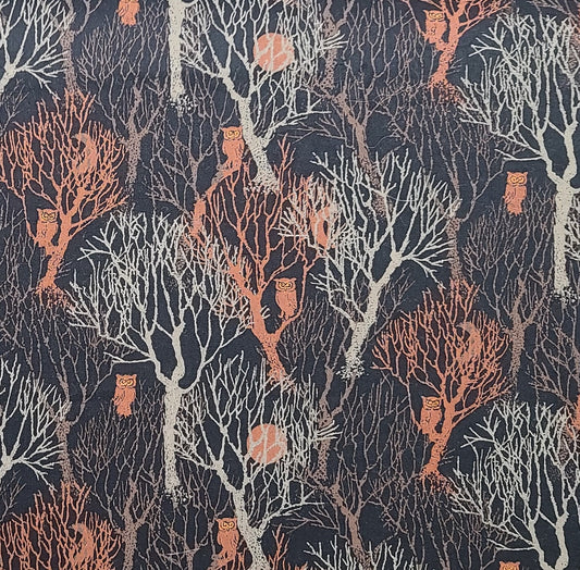 Black Fabric / Taupe, Rust Tree, Owl and Full Moon Print