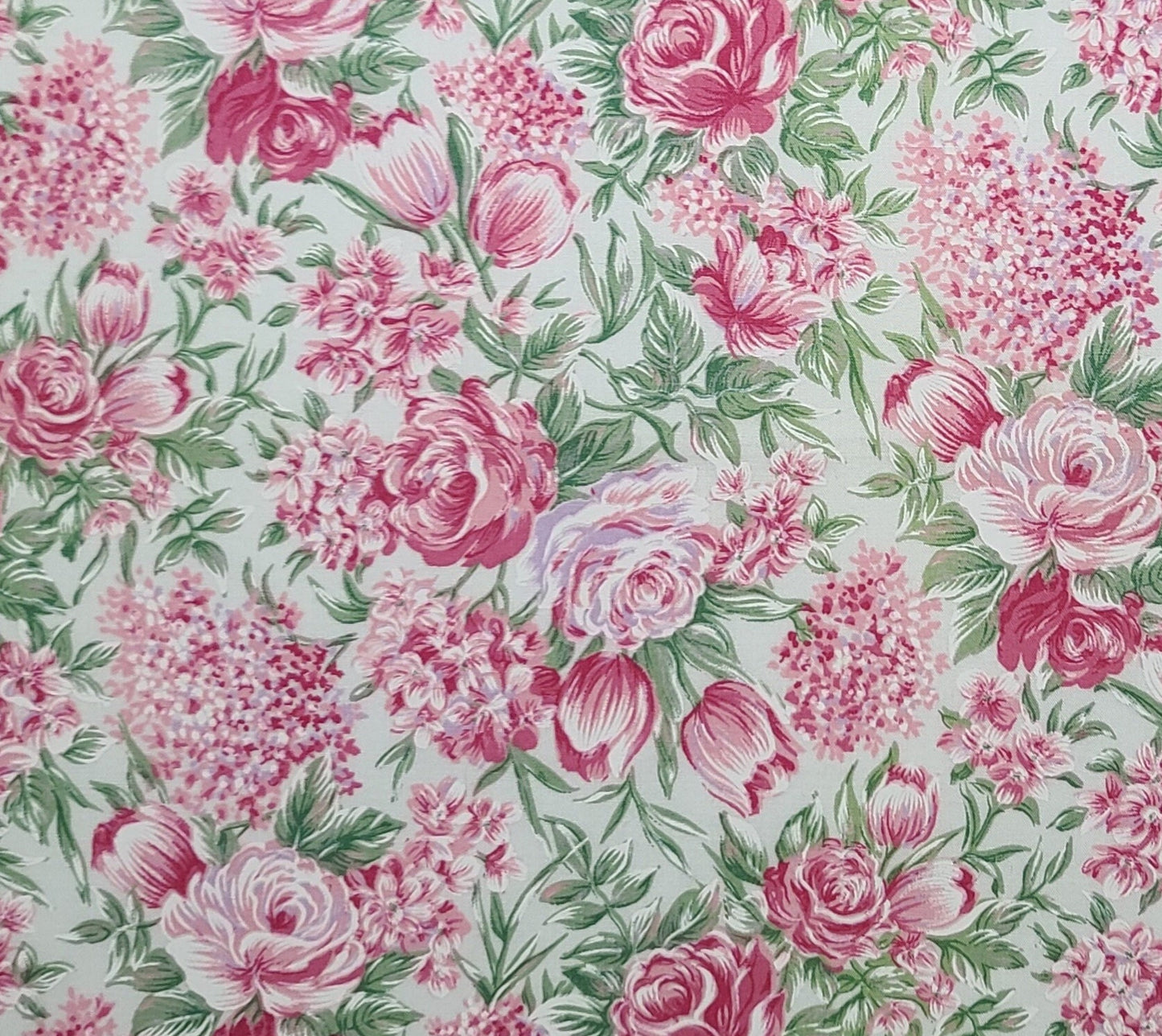 Robert Kaufman Co Inc - Pale Gray Fabric / Pink, White, Green Flower Print