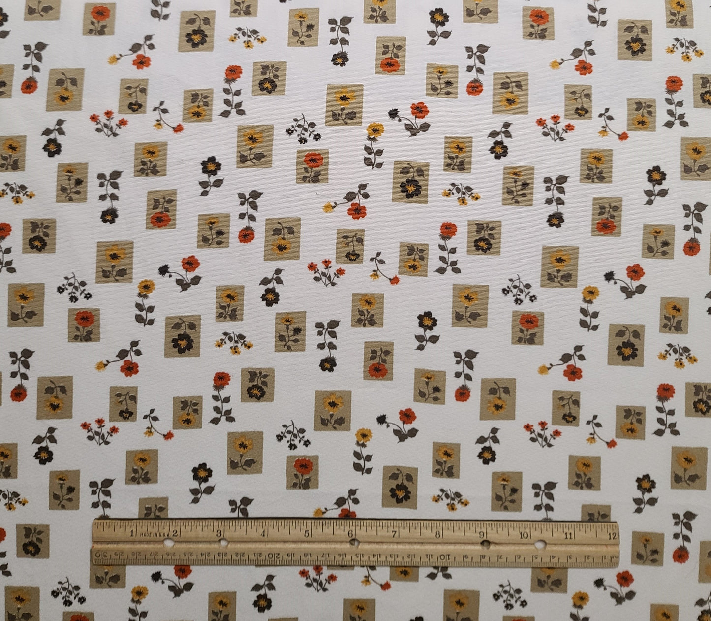 J Manes Co Inc - Vintage 36" WIDE White Fabric / Tan, Brown, Gold, Rust Flower and Block Print