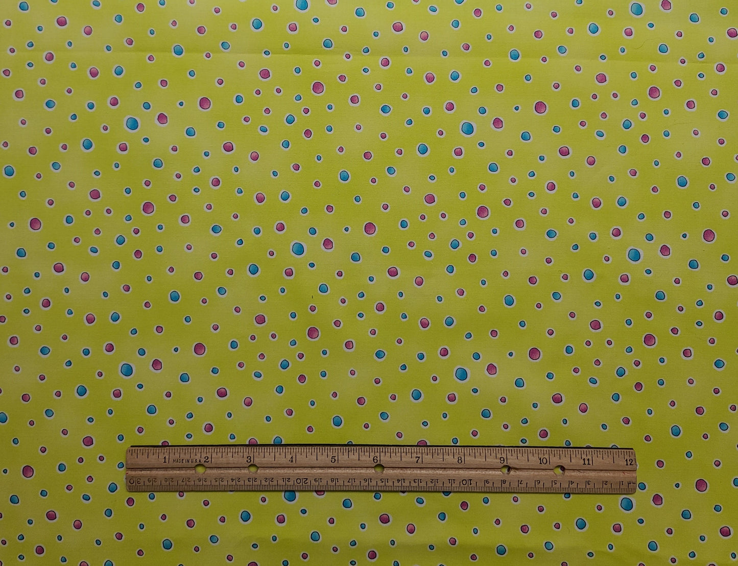 Patrick Lose for Timeless Treasures Fabrics Inc 2002 - Highlighter Green Fabric./ Bright Blue and Pink Spots