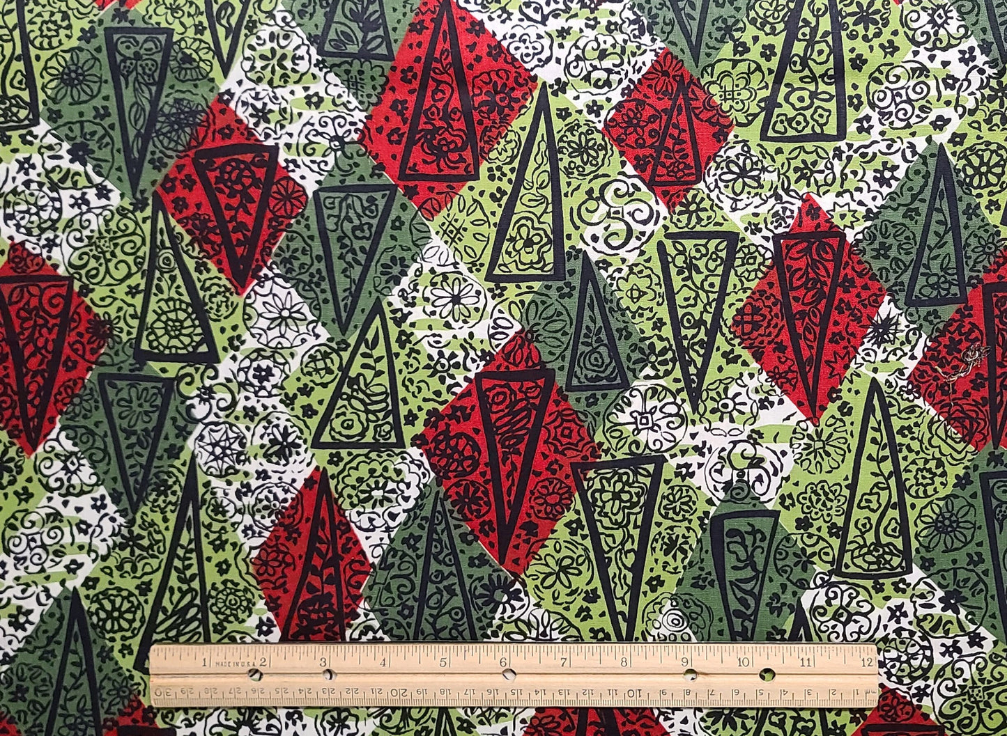 Vintage 35" WIDE Fabric / White, Dark Red, Olive, Evergreen Diamond Block Fabric / Black Flower, Triangle Print - Selvage to Selvage Print