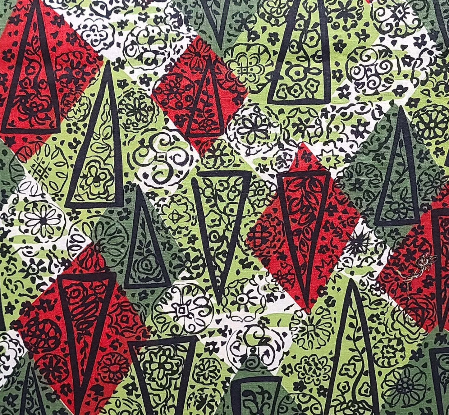 Vintage 35" WIDE Fabric / White, Dark Red, Olive, Evergreen Diamond Block Fabric / Black Flower, Triangle Print - Selvage to Selvage Print