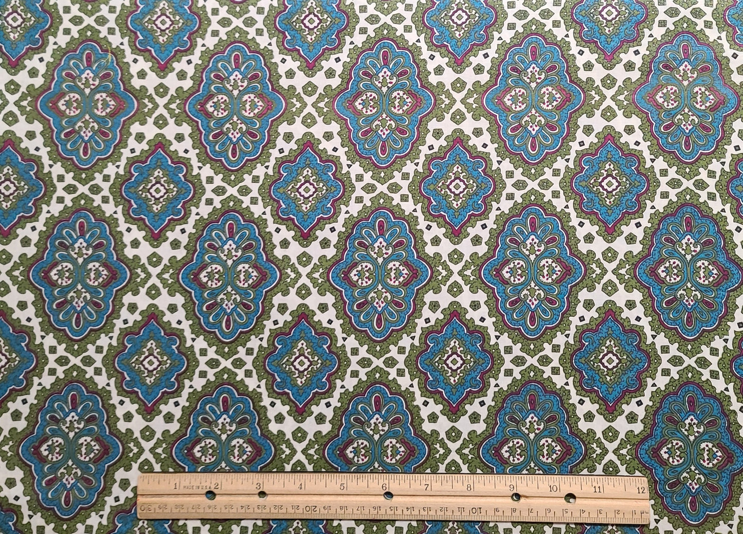 Vintage 38" WIDE White Fabric / Olive, Magenta, Blue Medallion Print