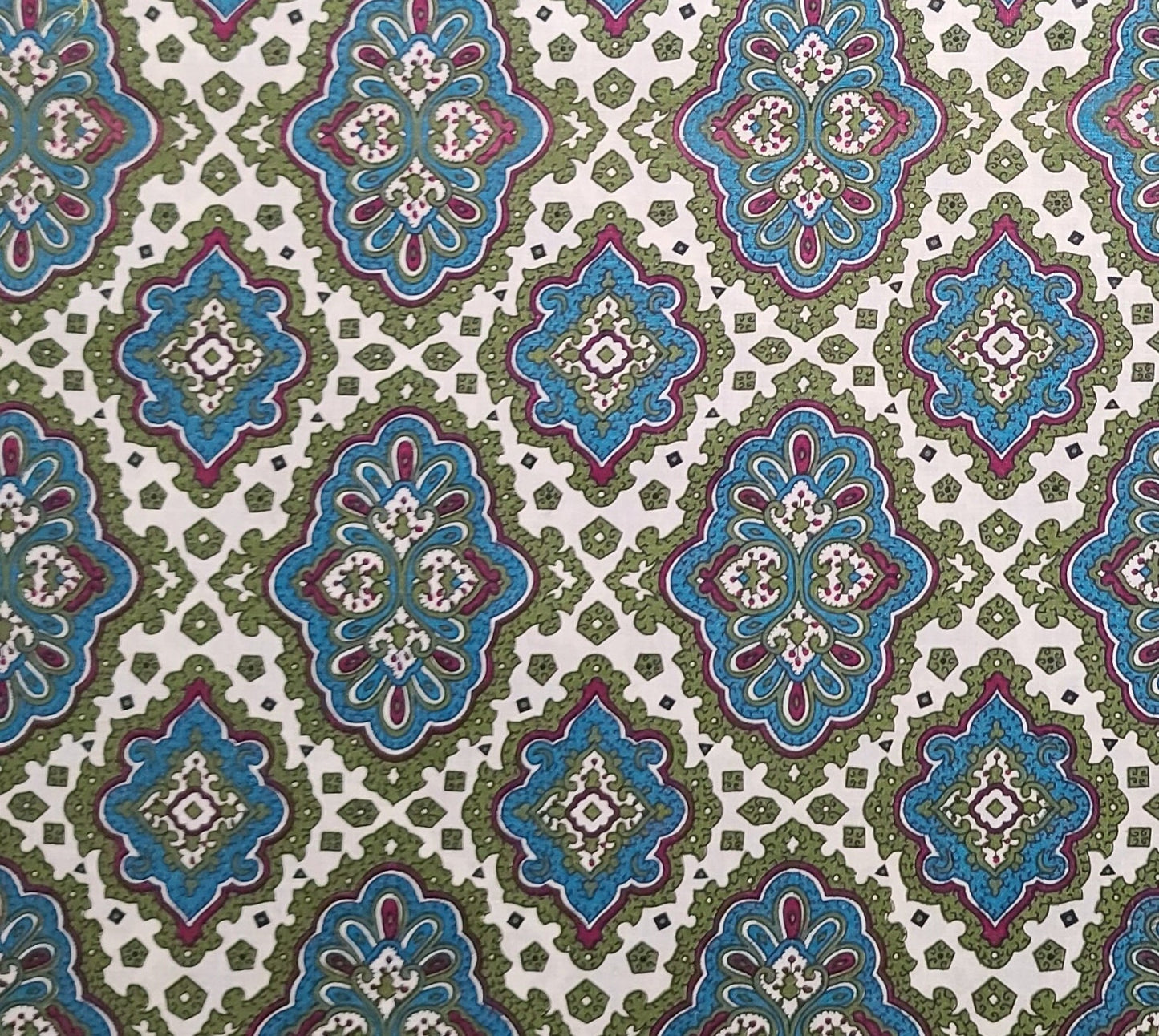 Vintage 38" WIDE White Fabric / Olive, Magenta, Blue Medallion Print