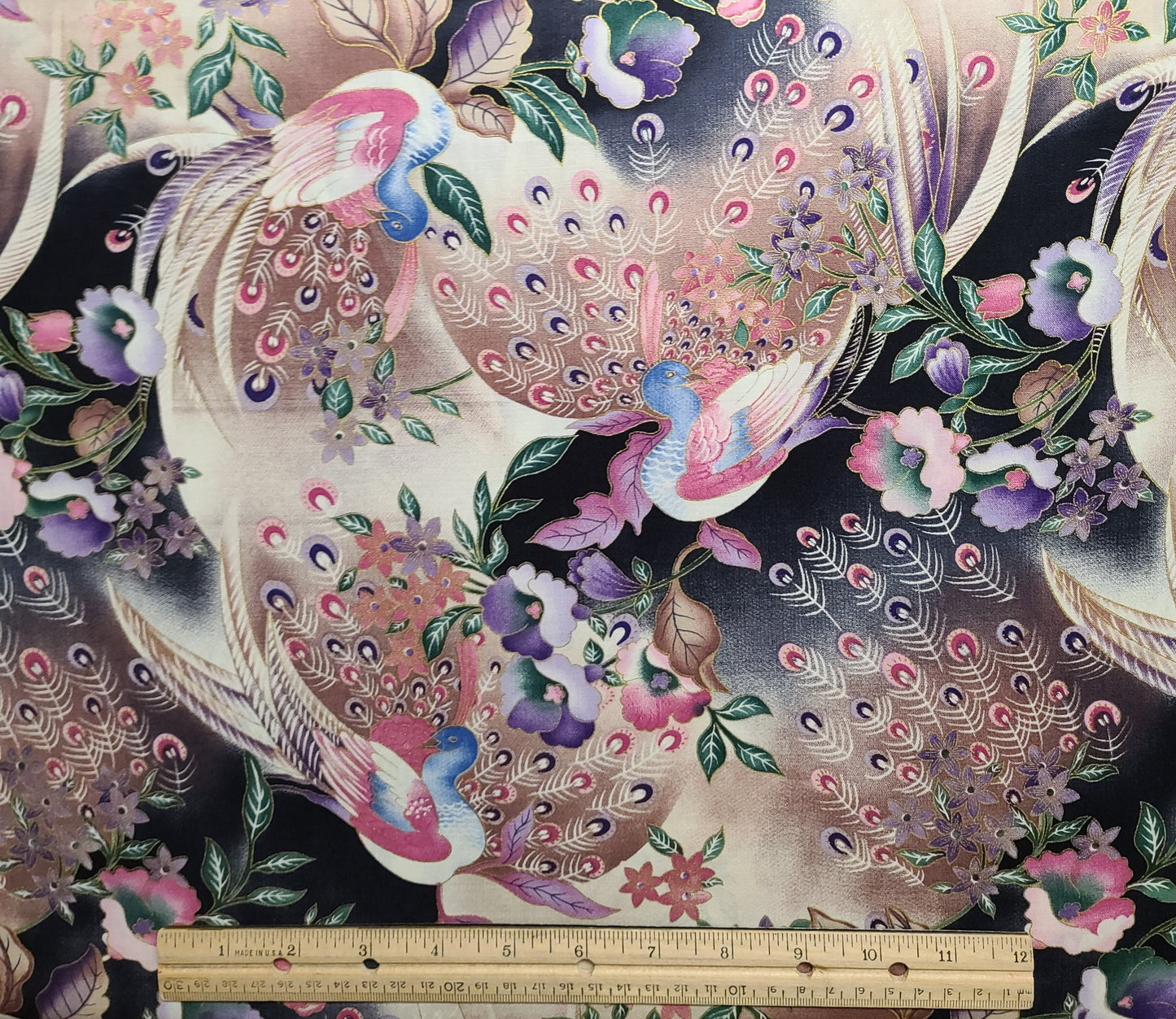 Jasmine by Maywood Studio EESCO - Black Fabric/Allover Green, Tan, Purple, Pink Asian-Style Peacock and Flower Print / Gold Metallic Accents