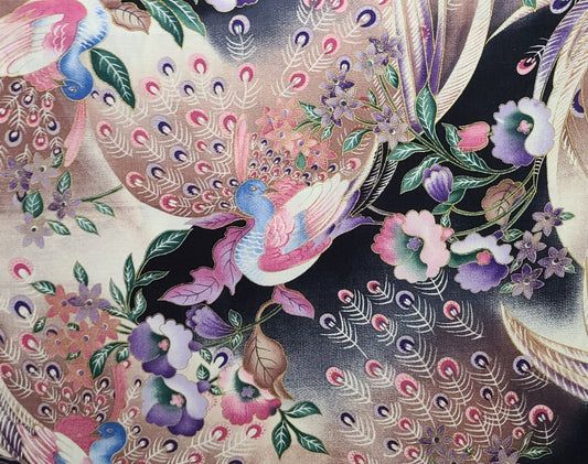 Jasmine by Maywood Studio EESCO - Black Fabric/Allover Green, Tan, Purple, Pink Asian-Style Peacock and Flower Print / Gold Metallic Accents