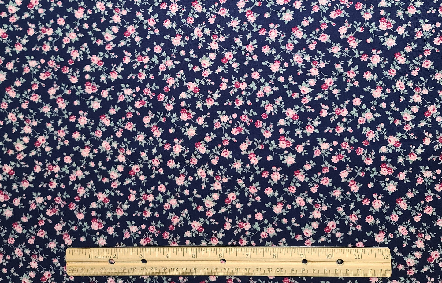 Joan Kessler for Concord Fabrics - Dark Blue Fabric / Light Pink, Raspberry and Sage Flower and Vine Print