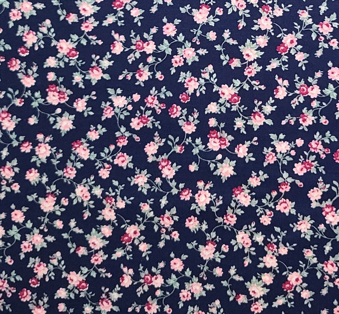 Joan Kessler for Concord Fabrics - Dark Blue Fabric / Light Pink, Raspberry and Sage Flower and Vine Print