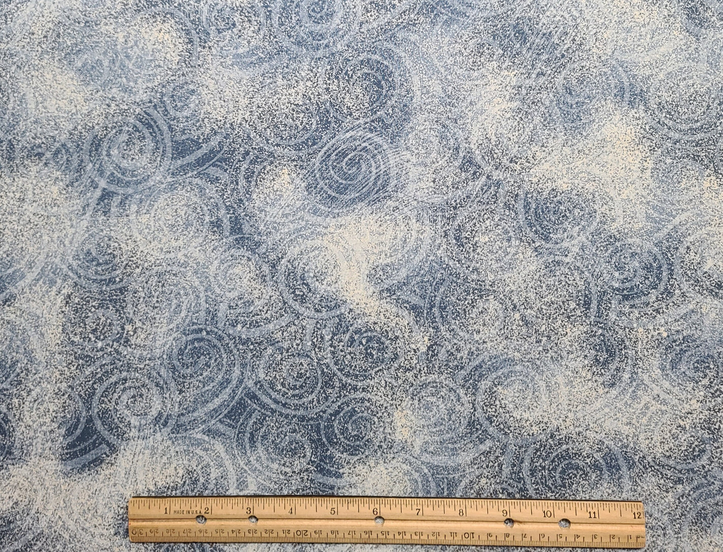 White Fabric / Denim Blue Tonal "Sponged" Pattern / Background Light Blue Tonal Spirals