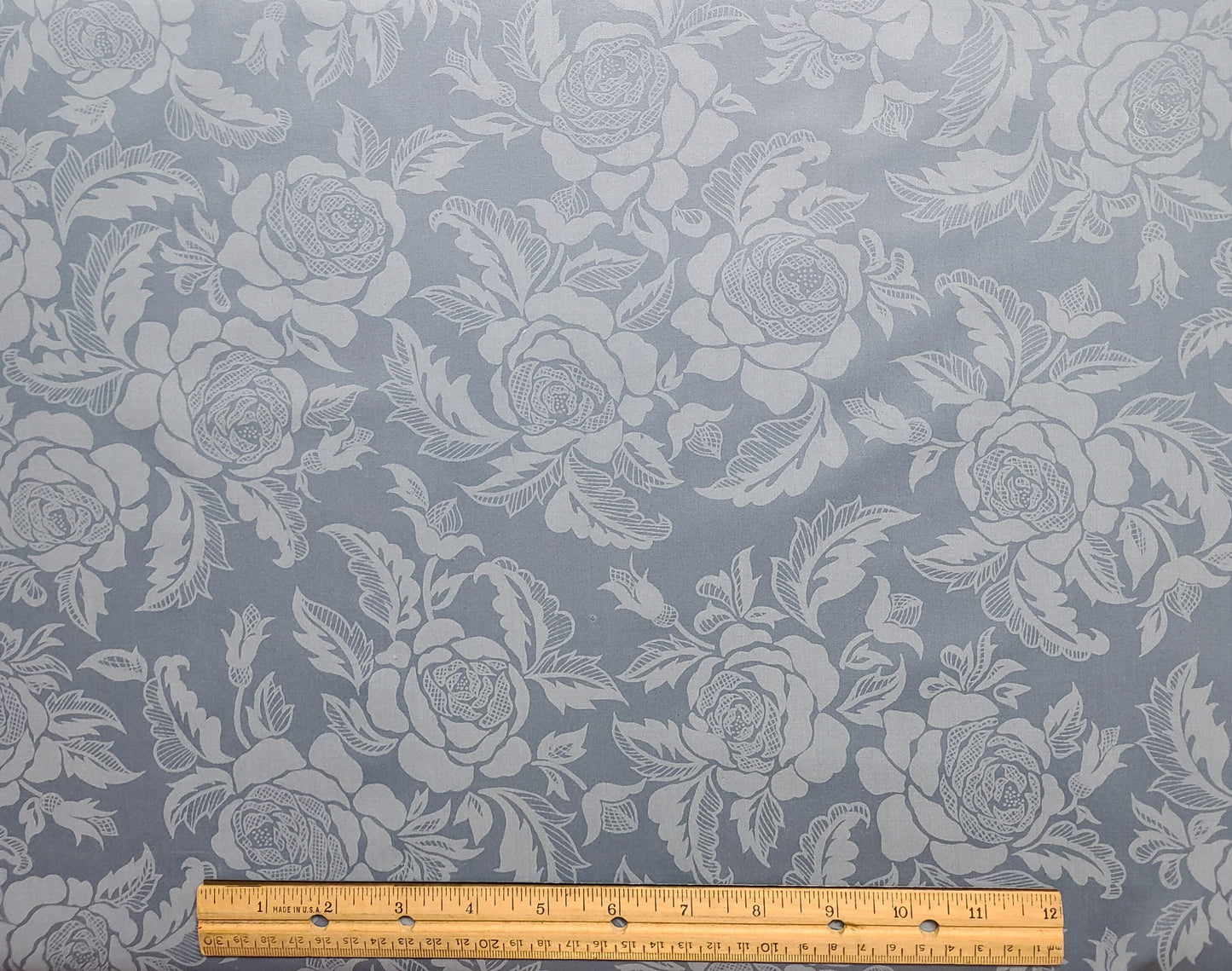 Fabric Country - Country Blue Fabric / Tone-on-Tone Rose Silhouette Print / "Sateen" Finish