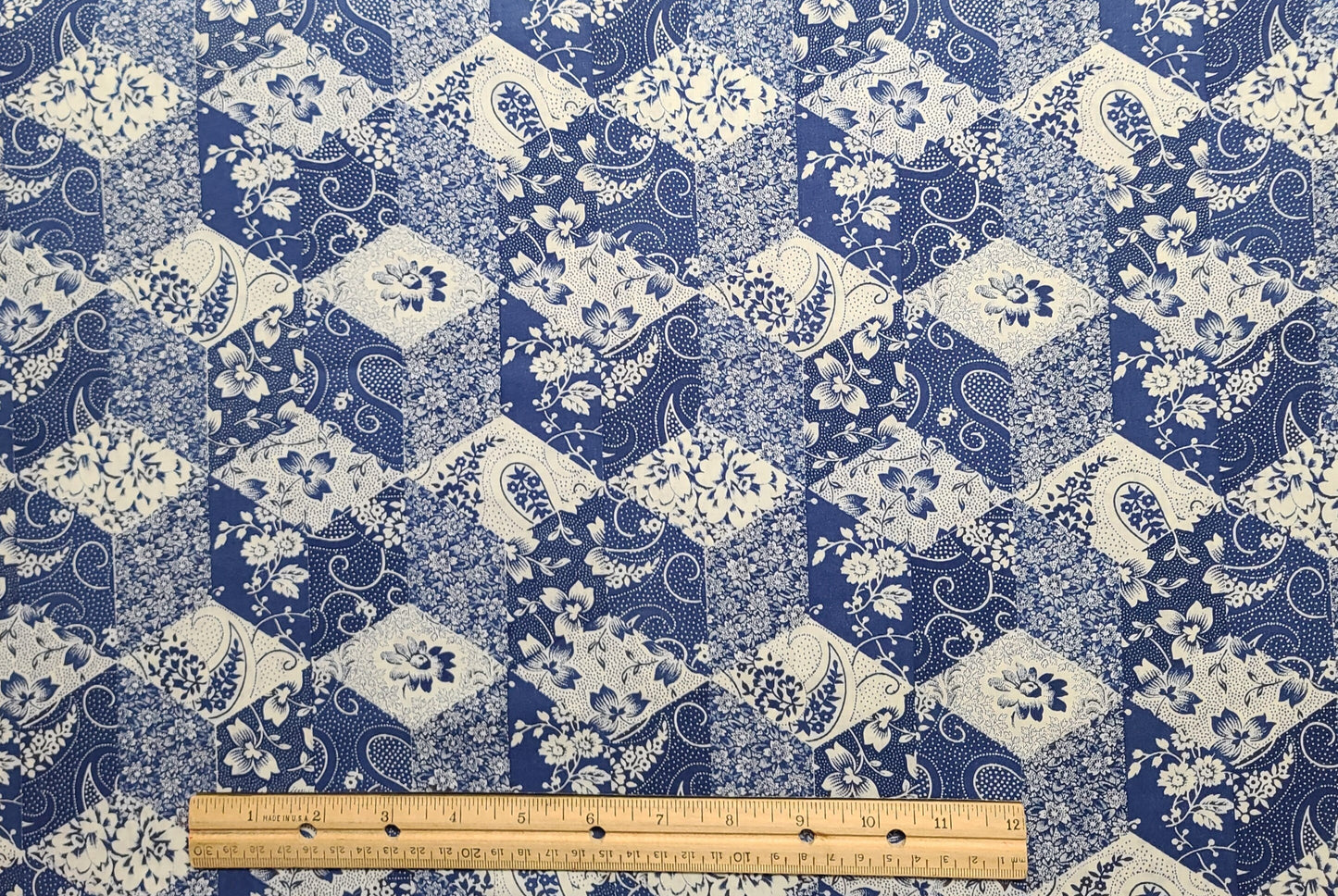 EOB - Lightweight Blue Tonal and White Chevron, Diamond, Quilt Block Cheater Cloth Fabric / Overall Flower Print - Selvage to Selvage Print