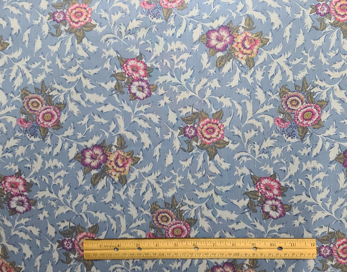 Vintage 45" WIDE Manes Fabric Co Blend Fabric - White, Blue Fabric / Pale Blue Leaf Print / Pink, Green Large Tossed Flower Print