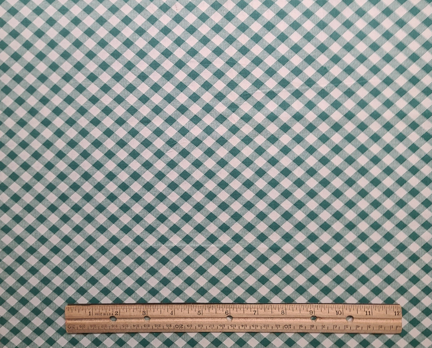 Vintage 36" WIDE White and Green Diagonal Gingham Print Fabric - Selvage to Selvage Print