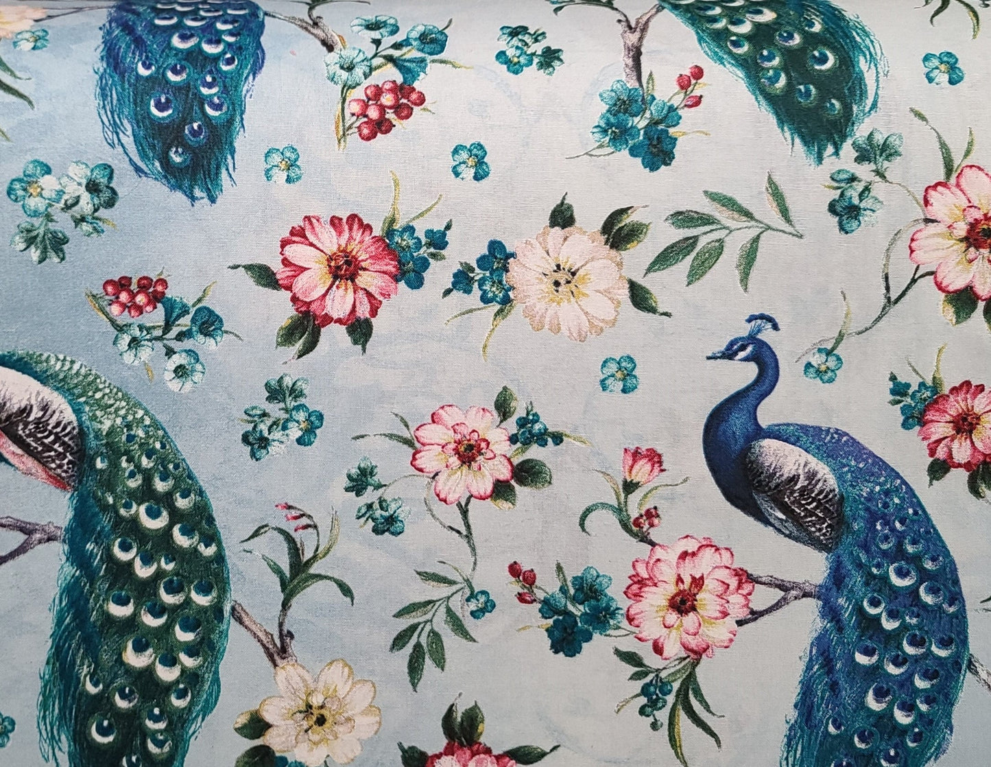 Lisa Audit Wild Apple David Textiles Inc - Light Blue Tonal Fabric / Teal, Dark Green, Pink, White, Peacock and Flower Print