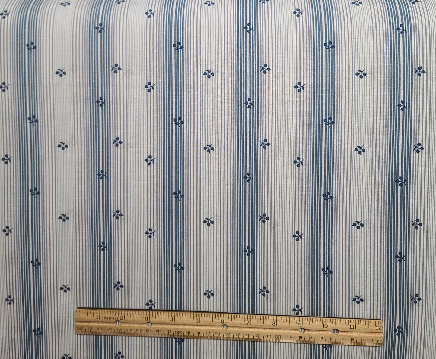 Colonial Blue and White Vertical Stripe (Parallel to Selvage) Fabric - Dark Blue Flower Print - Selvage to Selvage Print