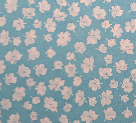 Light Turquoise Fabric / White Flower Print - Selvage to Selvage Print