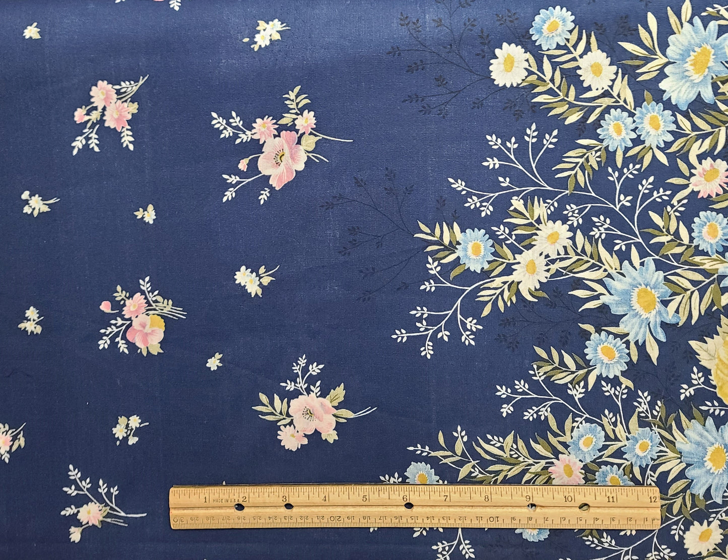 Cranston Print Works Schwartz Liebman - Multi-Wide Border Stripe - Dark Blue Fabric / White, Lavender, Yellow, Black Assorted Flower Print