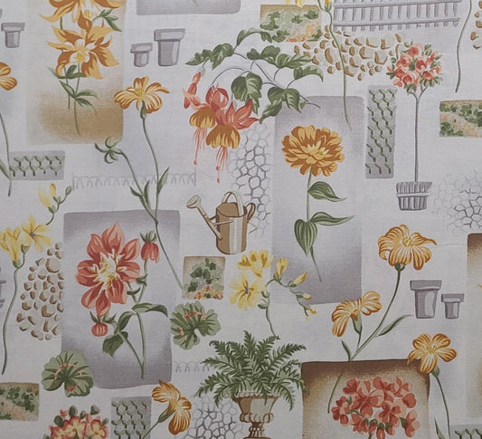 My Backyard Garden Northcott Studio - Soft White Fabric / Red, Pink, Tan, Gray Flower Garden Print