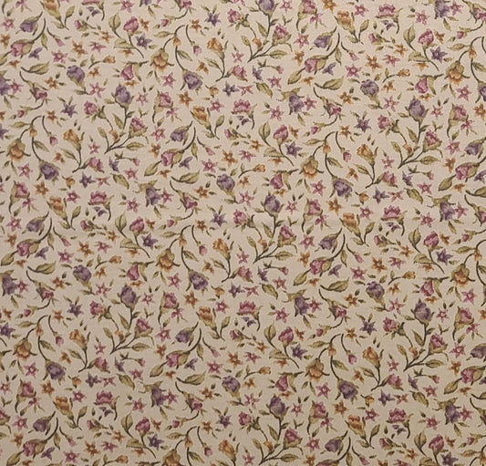 1995 Classic Cottons - Tan Fabric / Red, Purple Flower Print