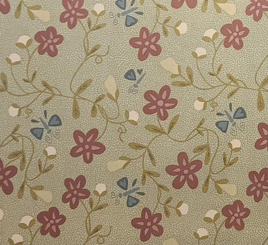 Heart of the Garden by Kim Schaefer for Andover Fabrics Patt #3485 - Gray Fabric / Golden Tan Dot and Vine / Red, Blue, Gold Flower Print