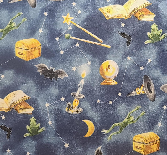 DSN#CT03-192 Crystal Ball JoAnn Fabrics - Dark Blue Tonal Fabric / Tossed Frog, Crystal Ball, Witch Hat / Iridescent Glitter