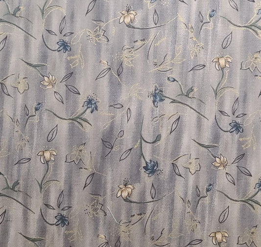 Moondust Greystone Prints Design #2191 - Gray, Mushroom Striated Border Stripe Print Fabric-Blue, Tan, White Flower Print/Gold Metallic Acc