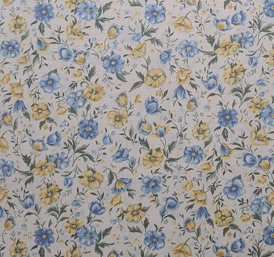 EOB - Faye Burgos Marcus Brothers Textiles Inc - Soft White Fabric / Blue, Yellow Flower Print