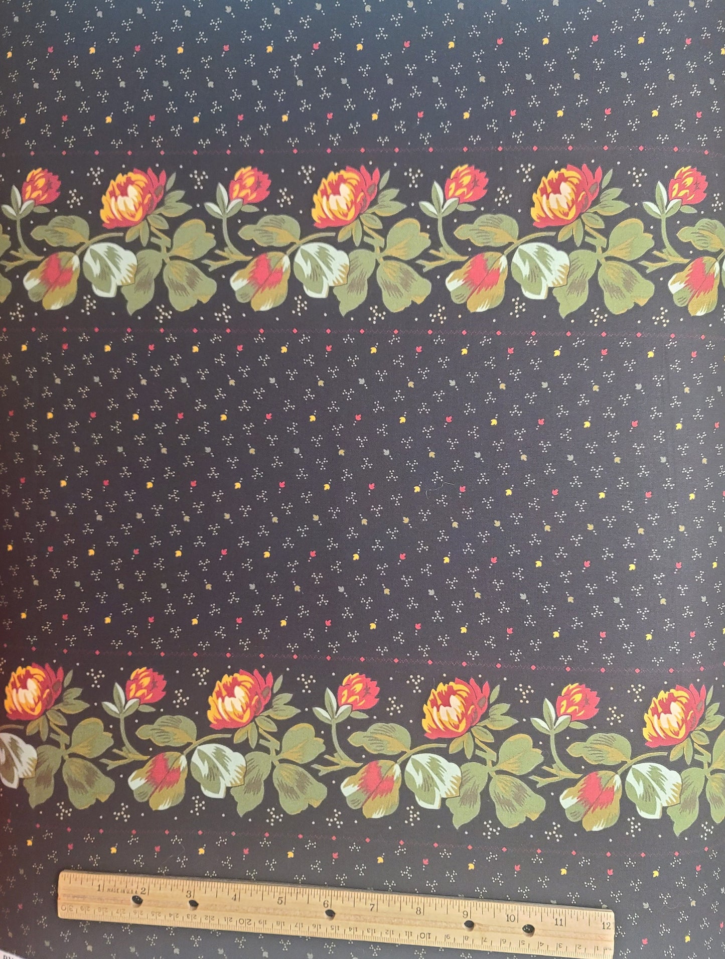 Jo's Friends & Ladies Jo Morton Andover Fabrics Pattern #2643-Black Fabric/Red, Green, Gold Flower Border Stripe (Parallel to Selv) Fabric