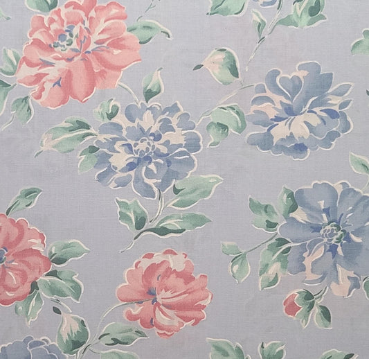 Light Blue Fabric / Blue, Pink Large Flower Print - Selvage to Selvage Print