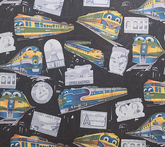 EOB - Giggles S#D437 by Hoffman California International Fabrics - Black and Gray Fabric / Cartoon-Style Train Print