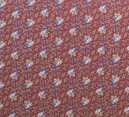 Dark Red Fabric / Tan, White, Blue Flower Print - Selvage to Selvage Print