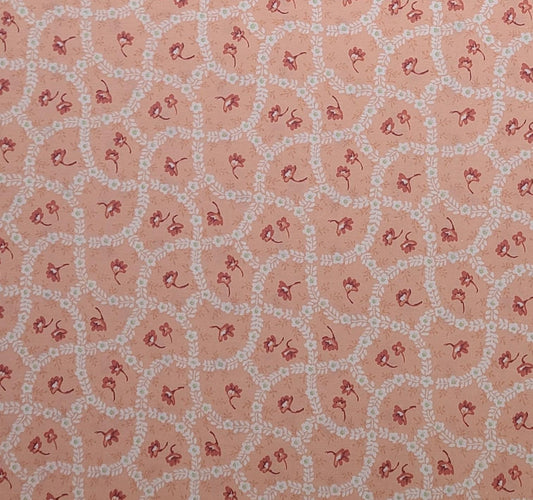 Classic Cottons 2000 - Pale Salmon Pink Fabric / Red, White Flower Print.