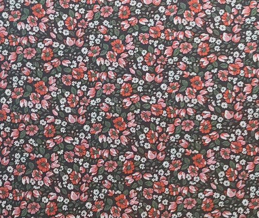 Black Fabric / Red, White, Green Packed Flower Print - Selvage to Selvage Print