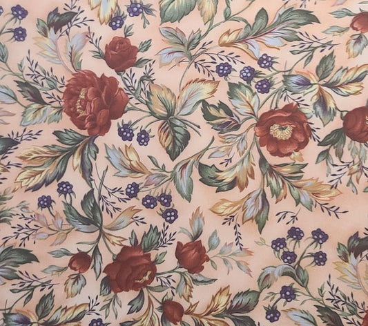 Maywood Studio EESCO - Peach Fabric / Dark Red, Purple, Green Rose and Blackberry Print