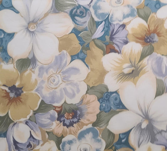 True Romance by Kings Road - Teal, White, Periwinkle, Tan Large Floral Print Fabric