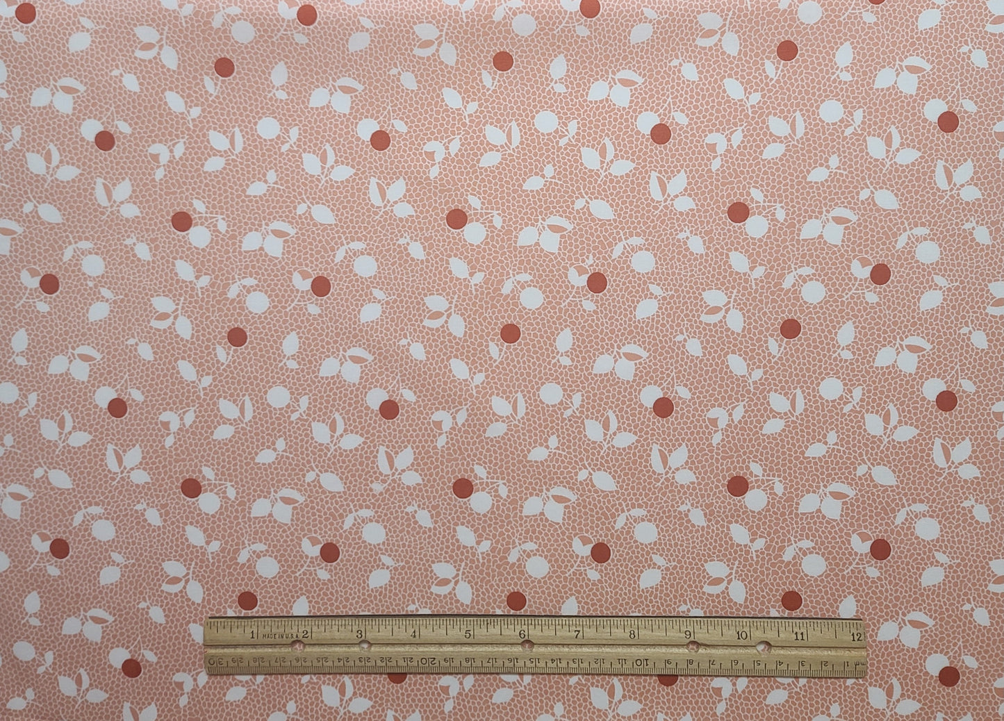 Coral Fabric / White Lace and Leaf Print / Red Dots - Selvage to Selvage Print