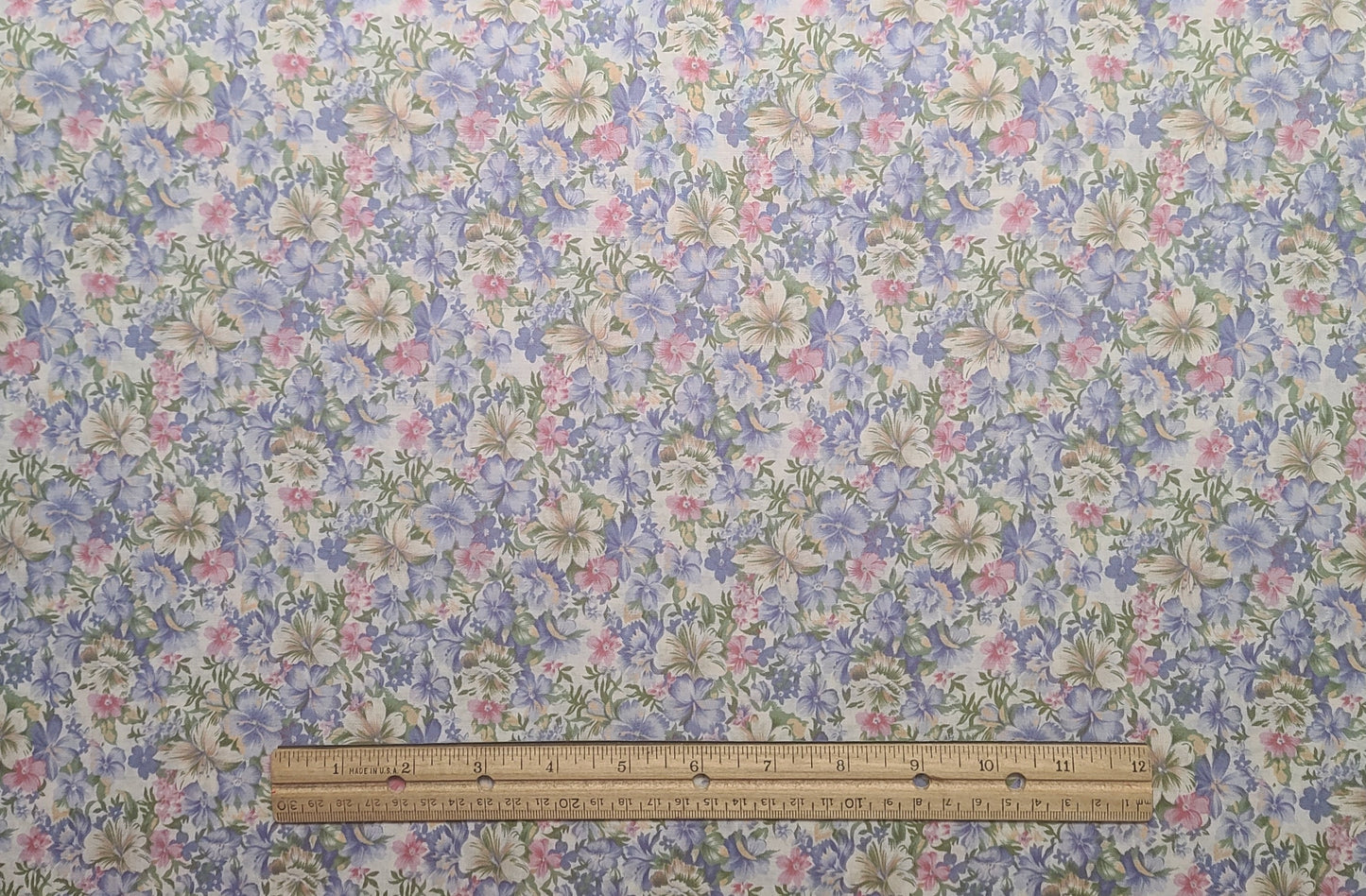 Daisy Kingdom #3952 Florence Allover Springs Industries - Soft White Fabric / Periwinkle, Tan, Green Flower Print