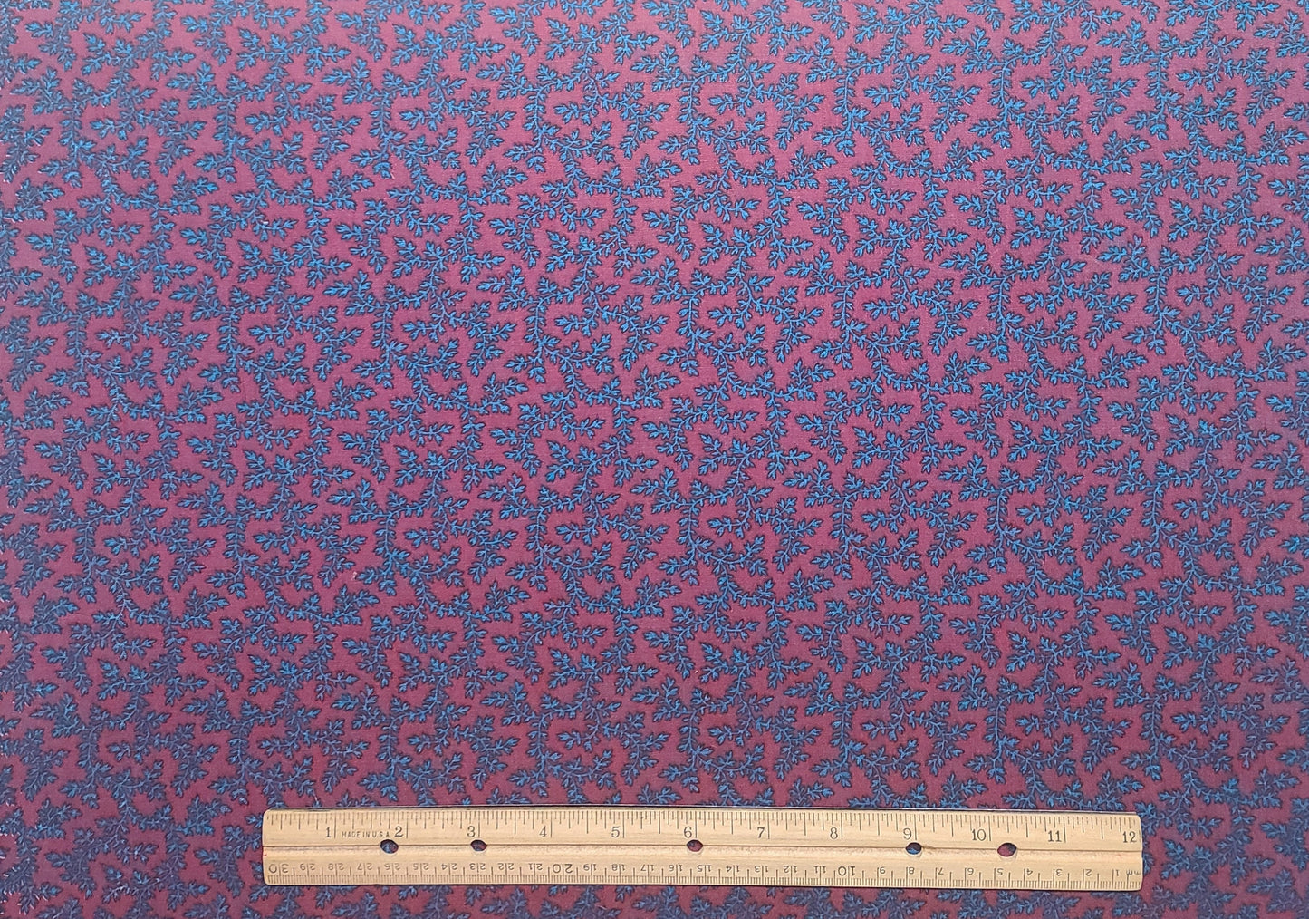 Burgundy Fabric / Teal Leaf Print - Selvage to Selvage Print