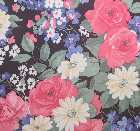 Cranston Print Works the Cloth Company Design 8793 - Black Fabric / White, Pink, Blue, Green Large Floral Print