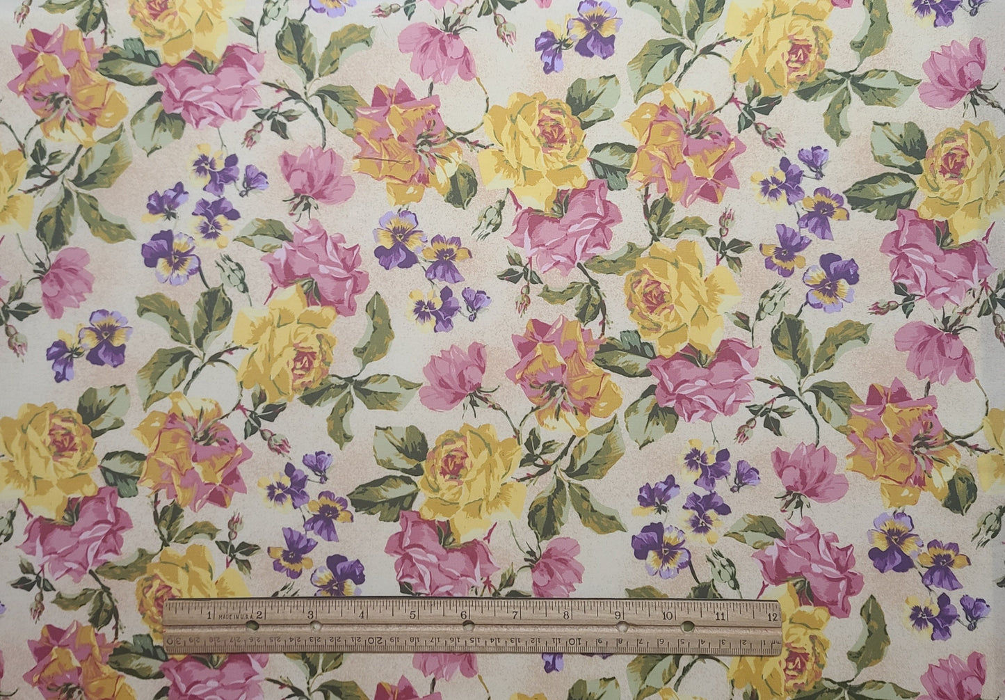 Rose Cottage #2067 by Ro Gregg Northcott - Yellow Tonal Fabric / Pink, Yellow, Purple Large Rose and Pansy Print