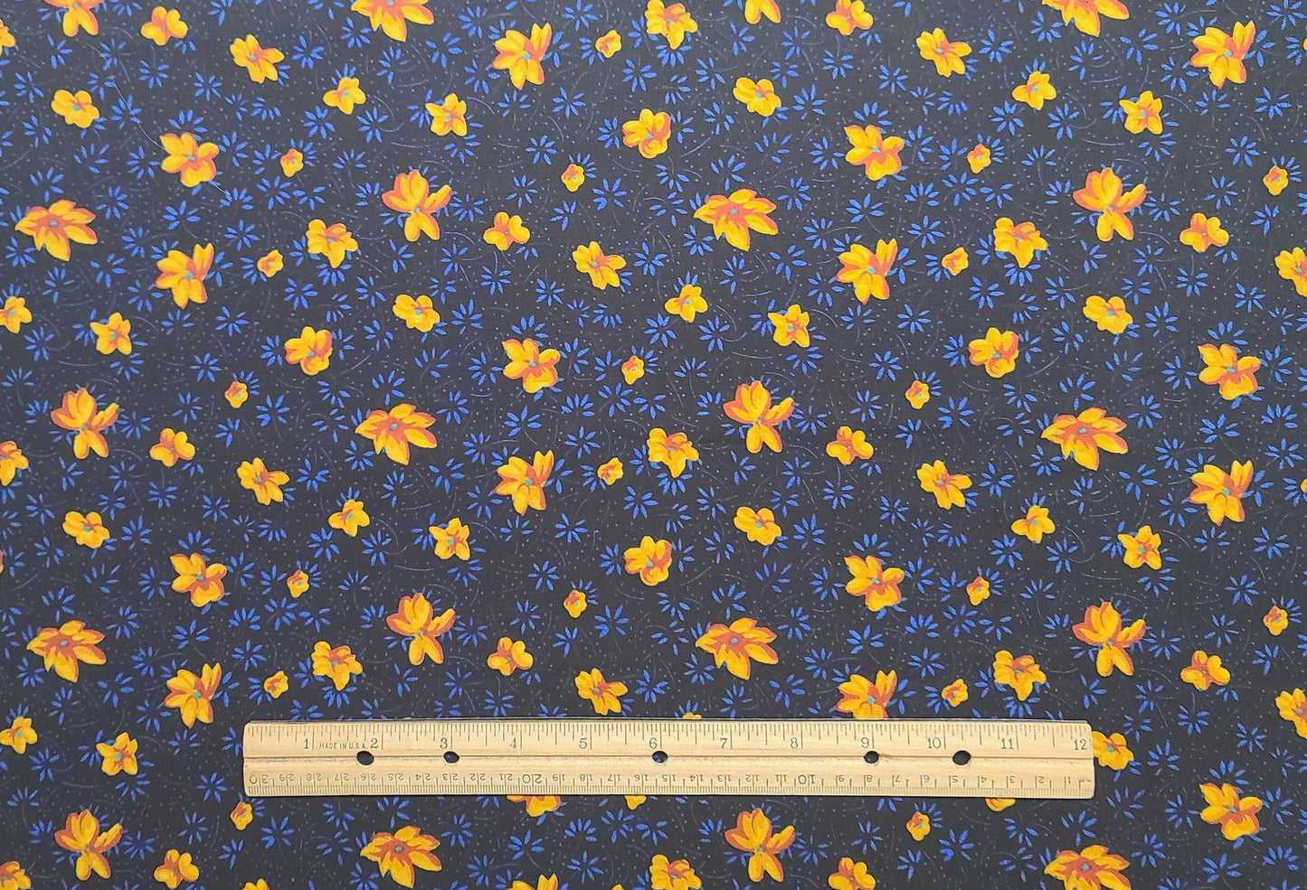 Peter Pan Fabric 58" WIDE Black Fabric / Blue, Orange, Yellow Flower Print