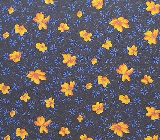 Peter Pan Fabric 58" WIDE Black Fabric / Blue, Orange, Yellow Flower Print