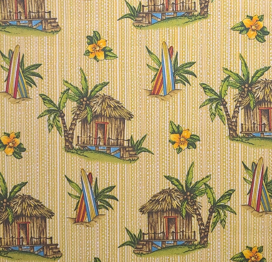 Leslie Beck by VIP Cranston Print Works - Gold Border Stripe Print Fabric - Grass Hut / Surfboard / Flower Print