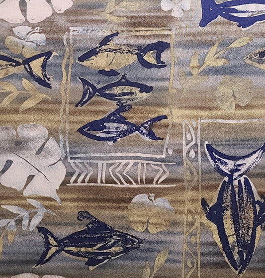 Fashion Avenue by Fabri-Quilt Inc Design #7132 - Brown, Gray, Tan, Blue Fabric / Dark Blue Fish Print / Tan and Gray Leaf Print