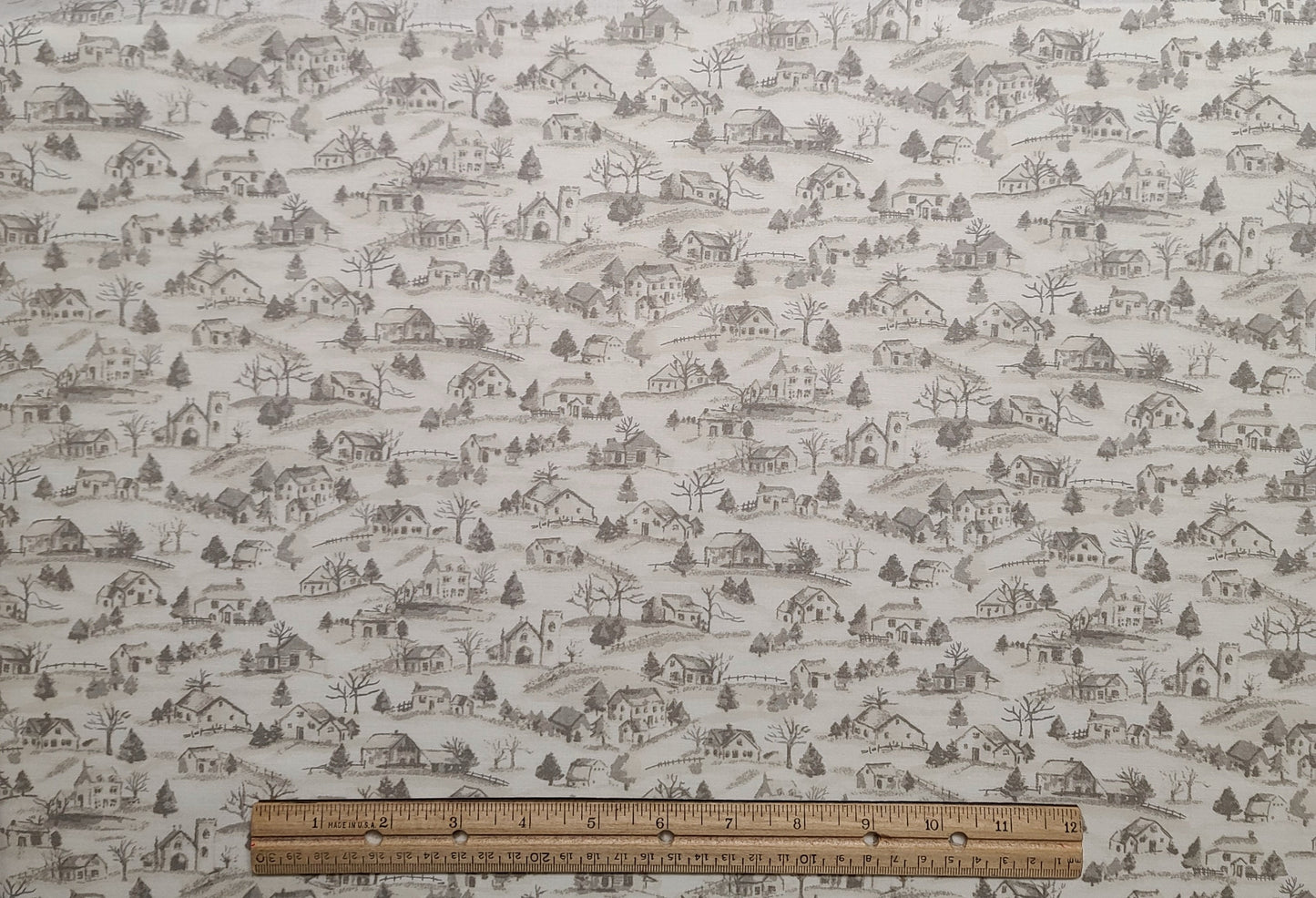 Concord Fabrics Inc - Soft White Fabric / Taupe Sketched Village Print