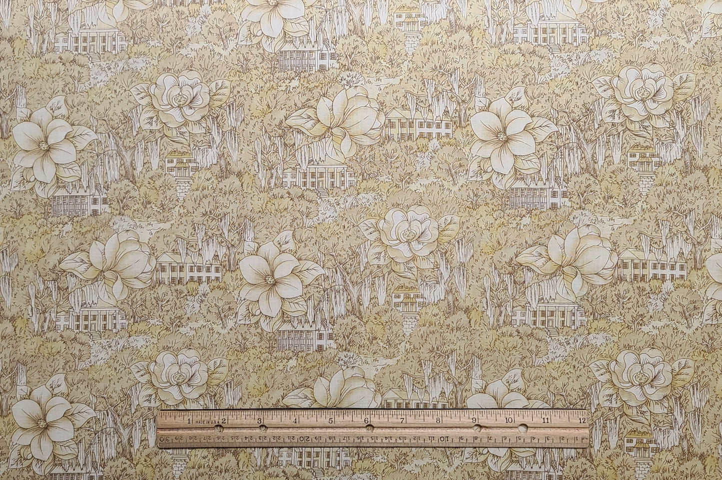 Quilters Only Southern Charm #5200 Springs Industries Inc - Gold and Cream Tonal Fabric / Magnolia Flowers and Houses Sketch Print