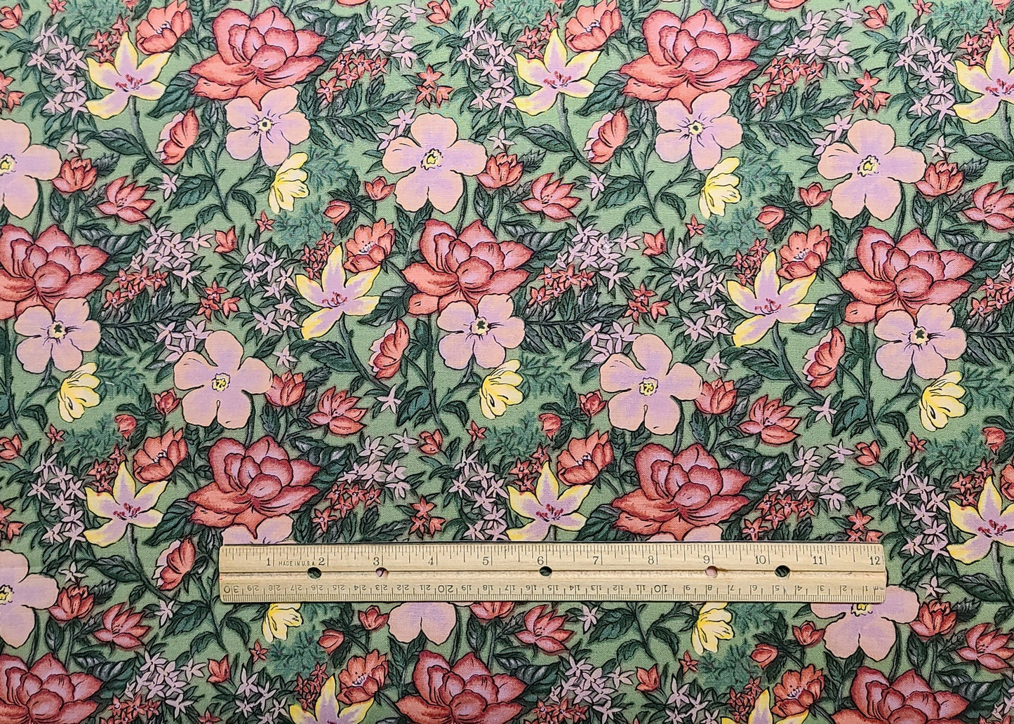 Roommates by Nancy J Martin for Clothworks - Green Fabric / Pink, Lavender, Yellow Large Flower Print