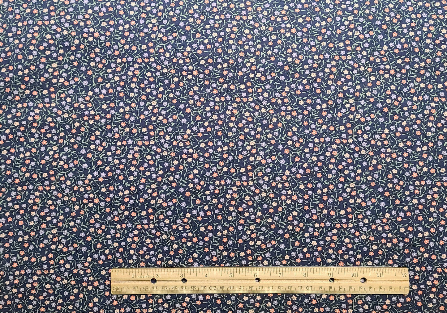 Dark Blue Fabric / Pink, Lavender, Green Flower, Vine Print - Selvage to Selvage Print