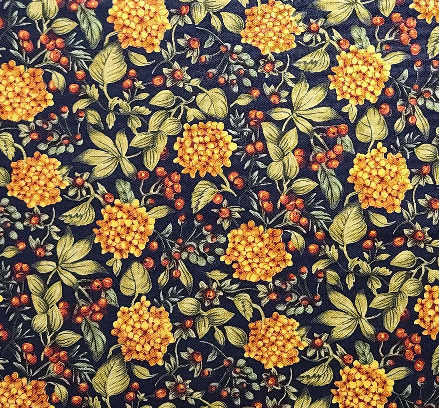 Fall Jewels Anna Fishkin & Monica Zhu Red Rooster Fabrics Design 14646 - Black Fabric / Orange, Red, Green, Gold Flower, Leaf, Berry Print